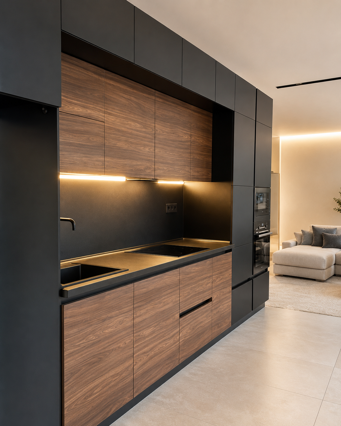 Modern Walnut & Matte Black Kitchen