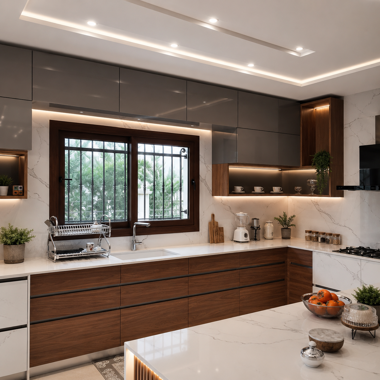 Contemporary Walnut & Marble Kitchen